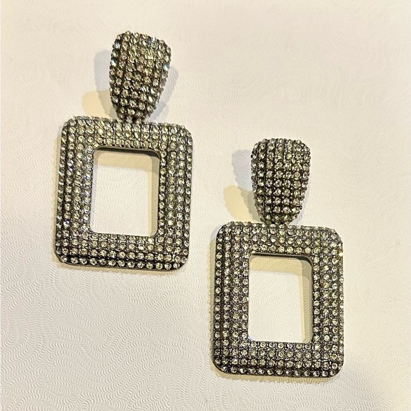 REBECCA MINKOFF XL Silver Crystal Rectangle Drop Earrings - Picture 3 of 6